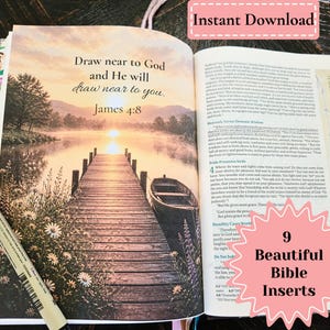 May include: An open book featuring a printed image of a wooden pier extending into a lake at sunrise with the text Draw near to God and He will draw near to you. James 4:8. The page includes a vertical margin note with the text Righteousness peace.