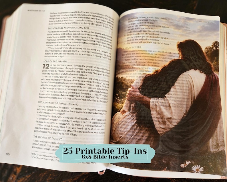 Peut inclure: Un livre ouvert avec du texte imprim&eacute; sur la page de gauche et une illustration en couleur d'une personne enla&ccedil;ant une autre sur la page de droite. Une banni&egrave;re bleu clair en bas contient le texte 25 Printable Tip-Ins 6x8 Bible Inserts.