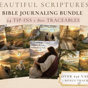 May include: A Bible journaling bundle featuring 24 tip-ins and 80+ traceables. The collection includes various printed cards with scenic landscapes, religious imagery, and scripture text. A gold-toned label indicates an over $36 value and bonus tracker.