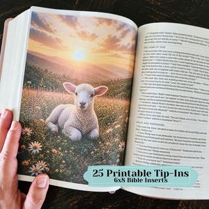 May include: An open book featuring a full-page color illustration of a white lamb resting in a field of daisies at sunset. The opposite page contains printed text from the Gospel of John. A teal label reads 25 Printable Tip-Ins 6x8 Bible Inserts.
