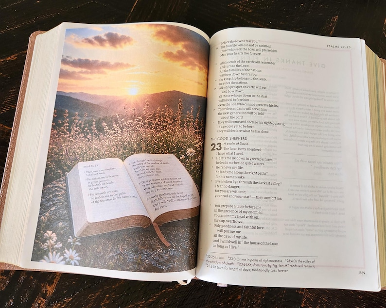 Peut inclure: Une Bible ouverte affichant le Psaume 23, avec une illustration pleine page en couleur d'un coucher de soleil sur un champ herbeux parsem&eacute; de fleurs sauvages. Le texte inclut le titre Le Bon Berger et les versets du Psaume 23 en noir sur papier blanc.