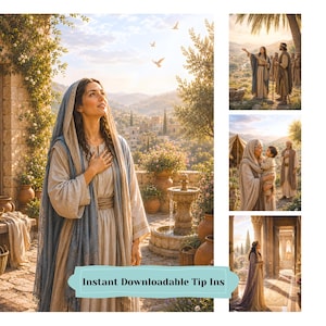 May include: A digital collage featuring four scenes of a person in a beige robe and blue head covering. The main image shows the person standing near a stone fountain and plants. Text on a light blue banner reads: Instant Downloadable Tip Ins.