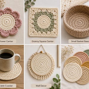 K&ouml;nnte beinhalten: Eine Sammlung von H&auml;kelartikeln, darunter ein blumenf&ouml;rmiger Untersetzer in Rosa und Creme, ein Granny Square in Creme und Salbeigr&uuml;n, ein beiger Korb, ein cremefarbener Untersetzer unter einer Tasse, ein runder Wandbehang mit Fransen und bunte Untersetzer.