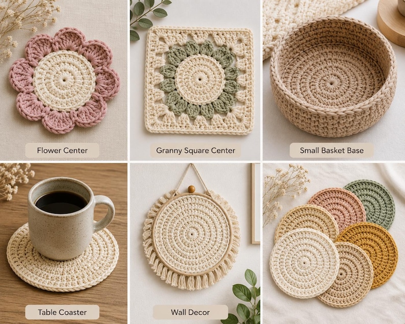 K&ouml;nnte beinhalten: Eine Sammlung von H&auml;kelartikeln, darunter ein blumenf&ouml;rmiger Untersetzer in Rosa und Creme, ein Granny Square in Creme und Salbeigr&uuml;n, ein beiger Korb, ein cremefarbener Untersetzer unter einer Tasse, ein runder Wandbehang mit Fransen und bunte Untersetzer.