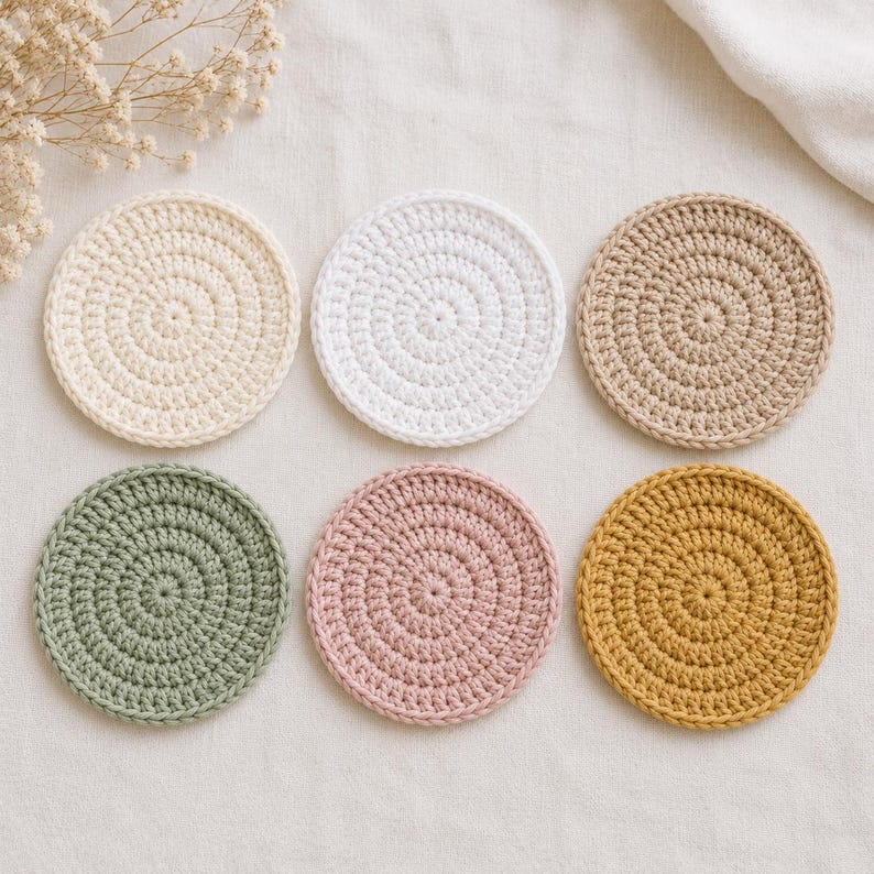 K&ouml;nnte beinhalten: Ein Set aus sechs runden H&auml;keluntersetzern, die in zwei Reihen angeordnet sind. Die Untersetzer weisen ein spiralf&ouml;rmiges Stichmuster auf und sind in verschiedenen Unifarben erh&auml;ltlich, darunter Creme, Wei&szlig;, Beige, Salbeigr&uuml;n, Altrosa und Senfgelb.