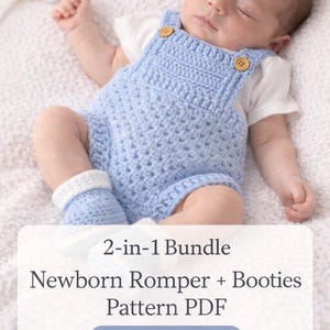 May include: A newborn baby wearing a light blue crochet romper and matching booties. The romper has wooden button closures on the straps. A white stuffed bunny is in the background. The image includes text that reads "2-in-1 Bundle Newborn Romper + Booties Pattern PDF Beginner Friendly."