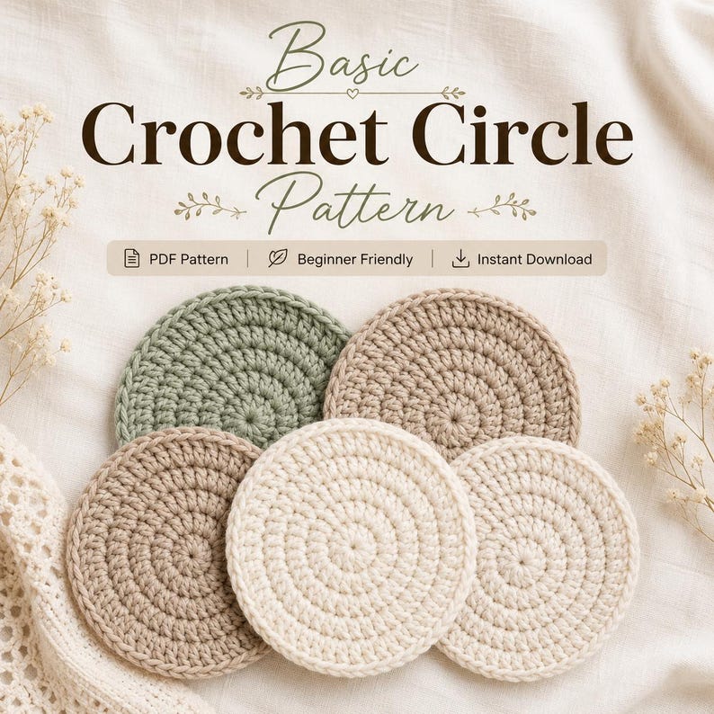 K&ouml;nnte beinhalten: Ein digitales Dokument mit dem Titel Basic Crochet Circle Pattern, das f&uuml;nf kreisf&ouml;rmige H&auml;keluntersetzer in Salbeigr&uuml;n, Beige, Hellbraun und Creme zeigt. Der Text enth&auml;lt PDF Pattern, Beginner Friendly und Instant Download.