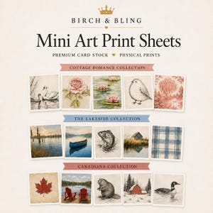 May include: A collection of mini art print sheets titled Birch & Bling, organised into three rows labelled Cottage Romance, The Lakeside, and Canadiana. The prints feature illustrations of swans, roses, water lilies, birds, canoes, fish, cabins, plaid, maple leaves, beavers, and geese.