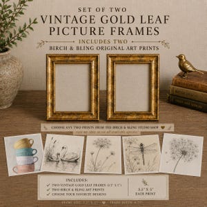 May include: A set of two rectangular picture frames with a distressed gold leaf finish. The frames are designed to hold 8.9 cm by 12.7 cm prints. The set includes two original art prints from a selection of botanical and nature-themed designs.