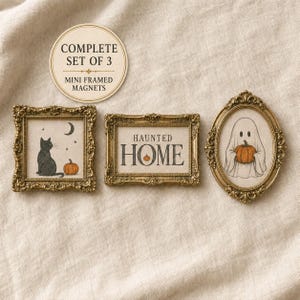 Può includere: Un set di tre mini calamite incorniciate con cornici dorate decorate. Una calamita quadrata presenta un gatto nero, una luna e una zucca. Una calamita rettangolare mostra il testo HAUNTED HOME con una zucca. Una calamita ovale mostra un fantasma.