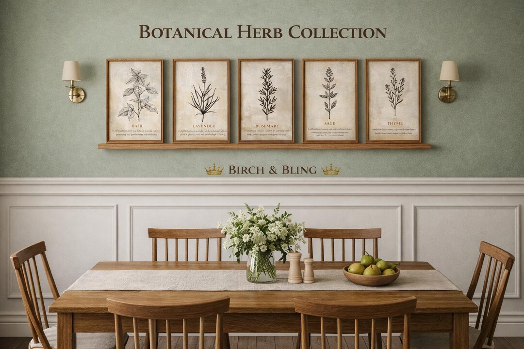 Botanical Herb Wall Art Set, Vintage Kitchen Dining Room Decor, Country ...