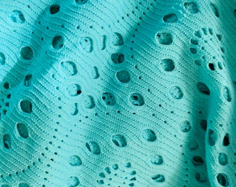 Vintage polyester fabric teal textured, doily, laser cut, geometric mod polyester fabric 2 yards