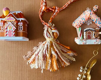 Mixed Media Stocking tassel Gift Handmade Tassel Gingerbread Anthropologie Inspired Christmas decor Gift wrap