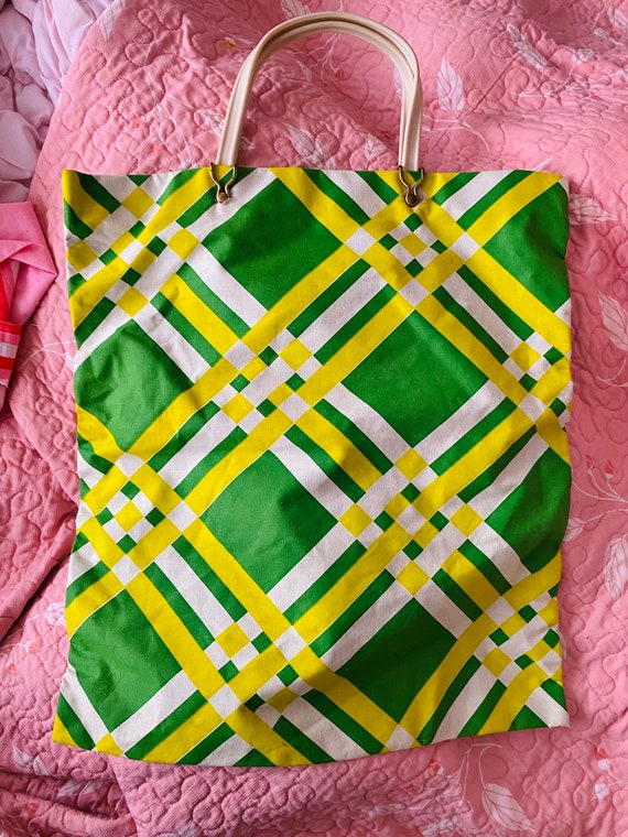 Vintage tote bag mod retro waterproof green plaid