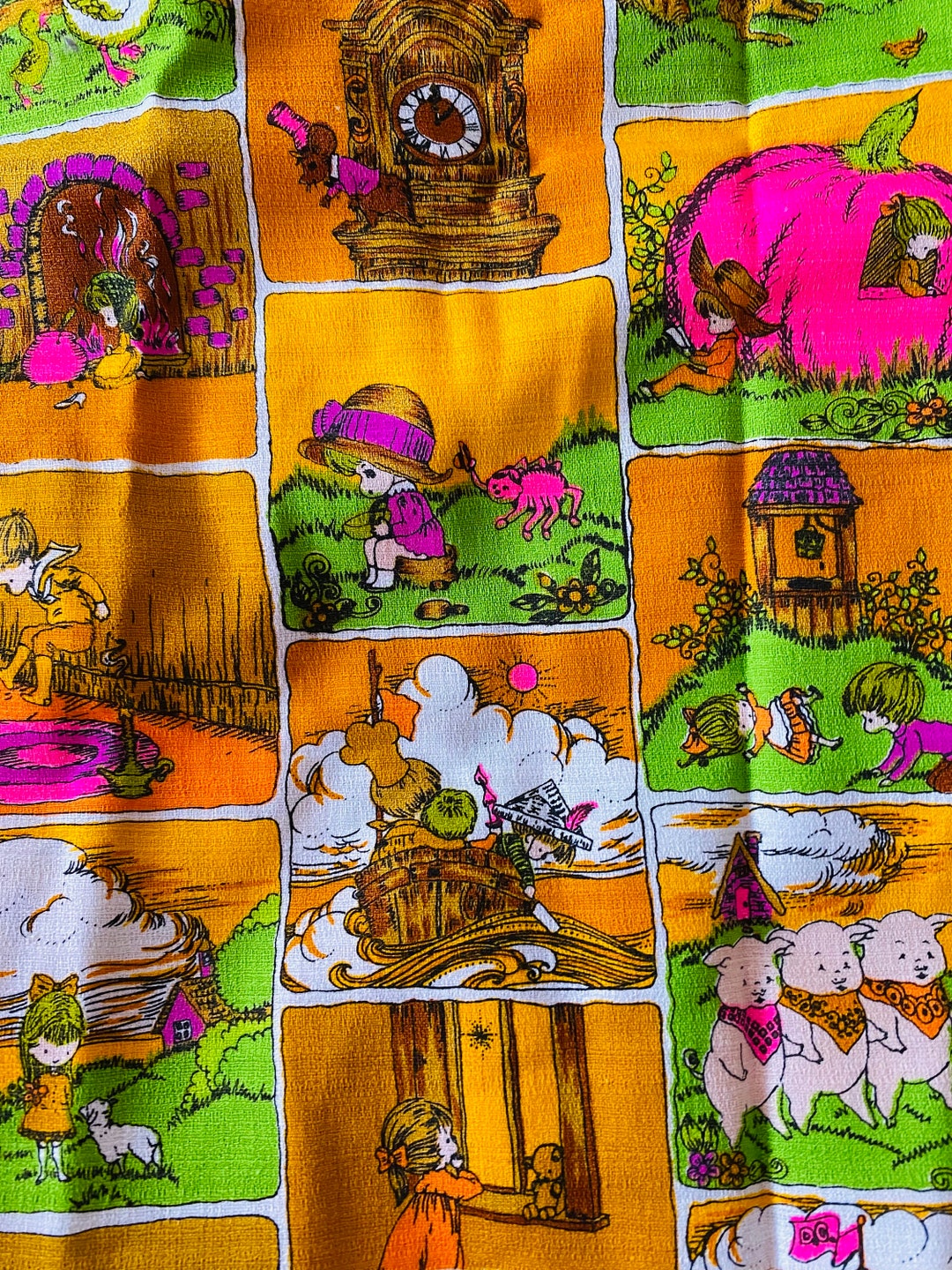 Vintage Novelty Fabric Fairy Tale Story Time Nursery Rhyme Mushroom