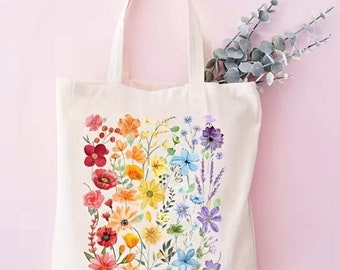 Rainbow boho Wildflower Tote Bag canvas shopper bag