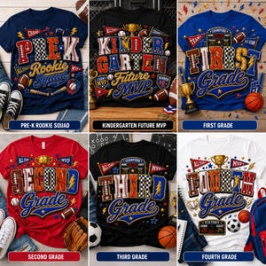Back to School Sports Grade Level PNG Bundle — Varsity Patch Style | Pre-K to Fourth Grade | 6 Designs
