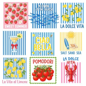 Könnte beinhalten: Eine Sammlung von neun quadratischen Grafikfeldern mit Sommerthemen, darunter Erdbeeren mit dem Text SWEET SUMMER, blaue Fische mit MEET ME AT THE BEACH, Zitronen mit LA DOLCE VITA, ein Cocktail, CIAO BELLA, Strandartikel, Zitronen, POMODORI und ein Hummer.