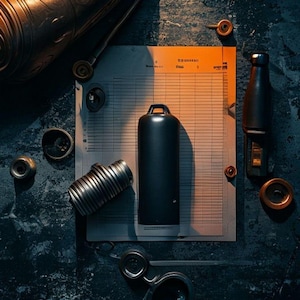 May include: An overhead view shows industrial tools and components. A black cylindrical container with a handle rests on a ledger. Other items include a metal bellows, a bottle, and various circular metal pieces. The colour scheme is dark with a vintage aesthetic.