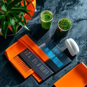 May include: An overhead shot features two green smoothies in clear glasses, a white earbud case, and two black rectangular boxes with text and blue lines. Bright orange bands and a potted plant are also visible.