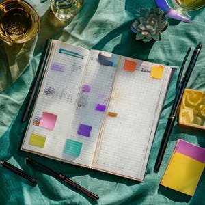 Puede incluir: Un cuaderno abierto con páginas cuadriculadas, acentuado con notas adhesivas de colores. Dos bolígrafos negros y un pequeño bloc de notas amarillo y morado están colocados cerca. La escena está ambientada sobre una tela de color verde azulado, con una suculenta y cristalería visibles.
