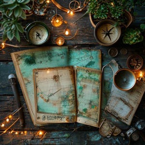 May include: An antique-themed still life featuring vintage maps, compasses, and small succulents. The maps are open, displaying aged paper with teal and brown tones. A pen, coins, and a small bowl are also present, with warm fairy lights adding a cozy ambiance.
