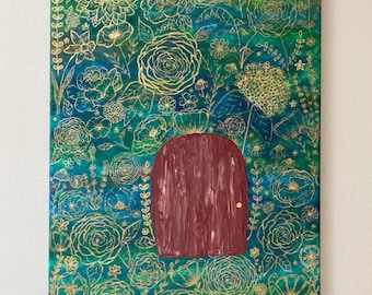 Enchanted Garden Door | Original Acrylic Painting on 18x24" Canvas, Gold Wildflower Wall Art, Textured Painting