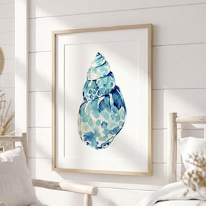 May include: A framed wall art print featuring a watercolor illustration of a spiral seashell. The shell is rendered in various shades of blue, ranging from light turquoise to deep navy, with a white background and a light wood frame border.