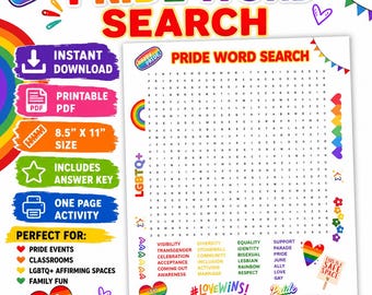 Pride Month Word Search Printable LBGTQ Activity Sheet Digital Download Rainbow Classroom Party Game Instant PDF