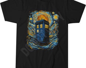 Starry Blue Box Doctor Who T-Shirt, Sci-Fi Adventure, Time Lord Fan Art
