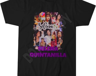Camiseta de Selena Quintanilla, collage de íconos musicales, estilo amante de la música.
