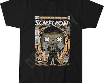 Camiseta de espantapájaros, villano de cómic, estilo retro de terror.
