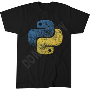 May include: A black short-sleeved t-shirt featuring a distressed, weathered graphic of the Python programming language logo in blue and yellow. The logo consists of two interlocking snake shapes. The text "DONT COPY" is visible in dark grey.