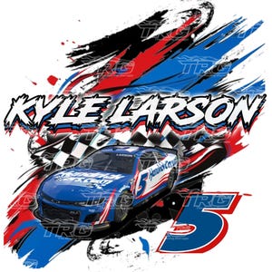 May include: A graphic design featuring a blue and white race car with the number 5, the name "Kyle Larson," and the words "Hendrick Cars." The design includes red, white, and blue brushstrokes and a checkered flag.