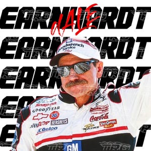 May include: Image of a man wearing sunglasses and a racing suit. The suit is white with red and black accents, and features sponsor logos. The name "EARNHARDT" is displayed in large black letters, with "NASCAR" in red.
