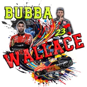 Könnte beinhalten: Grafikdesign mit Bubba Wallace, der Nummer 23 und einem Rennwagen. Das Design enthält den Namen "BUBBA WALLACE" in großen, farbenfrohen Buchstaben sowie Bilder von Wallace in seiner Rennuniform. Der Hintergrund hat farbenfrohe Farbspritzer.