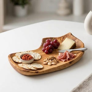 Peut inclure: Un plateau de service en bois avec une variété de collations. Le plateau contient des crackers, un petit bol de trempette rouge, des raisins, du fromage, des noix et de la charcuterie. Un petit couteau est également présent. Le plateau est en bois brun clair.