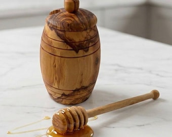 Pot à miel en bois d’olivier avec cuillère – pot à miel artisanal – honey jar olive wood – cuisine naturelle