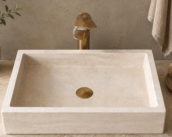 Handgefertigte Travertin Rechteckige Waschbecken, Beige Naturstein Aufsatzwaschbecken
