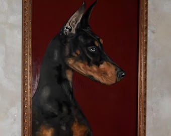 Doberman Oil Painting Gift Elegant Portrait Art Surreal Dog Gold Frame Moody Burgundy Wall Art