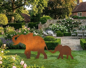 Estaca rústica de metal con figura de elefante madre y cría para jardín, decoración de jardín con elefantes, adorno de vida silvestre, arte de jardín de metal para exteriores, arte de jardín oxidado
