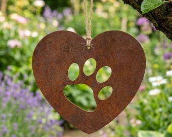 Corazón rústico de metal con huella de pata, adorno de jardín conmemorativo para mascotas, decoración colgante para perros y gatos, arte de pared de corazón de acero, regalo hecho en el Reino Unido, regalo para amantes de los perros con huella de pata