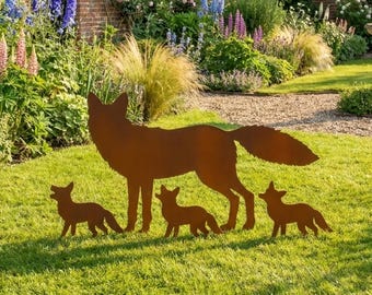 Estacas rústicas de metal con forma de familia de zorros para jardín, decoración de jardín con zorros y cachorros, adornos de jardín con forma de zorro, arte de jardín con fauna silvestre de acero oxidado (Reino Unido), decoración de zorros