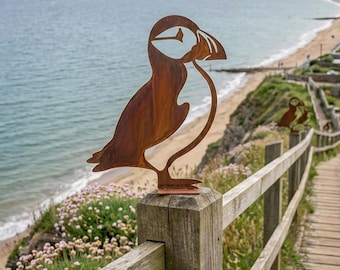 Adorno rústico de metal con forma de frailecillo para jardín, escultura de acero con forma de frailecillo, decoración de aves costeras, decoración de jardín junto al mar, adorno de metal con forma de frailecillo para valla (Reino Unido)