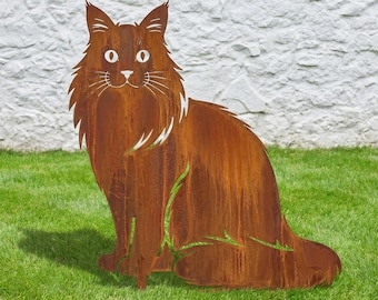 Estaca de jardín con forma de gato Maine Coon, adorno metálico de gato de pelo largo, silueta de gato de acero oxidado, regalo para amantes de los gatos Ragdoll del Bosque de Noruega, monumento conmemorativo para gatos Maine Coon.