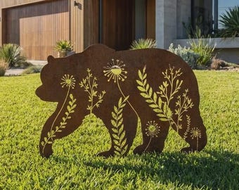 Pequeño jardín / Estaca de jardín rústica de metal con forma de oso / Oso de metal / Regalo de arte para el jardín / Arte de jardín de oso de metal oxidado / Decoración de oso grizzly, oso pardo Reino Unido