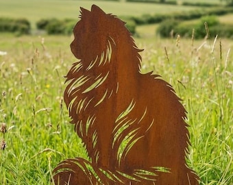 Estaca de jardín con forma de gato Ragdoll Maine Coon, adorno de jardín de metal con forma de gato de pelo largo, regalo rústico de gato siberiano y noruego, estatua de gato de jardín de metal (Reino Unido).