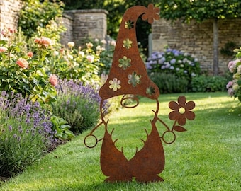 Estaca de jardín rústica de metal con forma de gnomo floral, adorno de gnomo de jardín de metal, decoración de jardín de hadas, regalo de decoración para césped exterior, regalo de arte de jardín Gonk