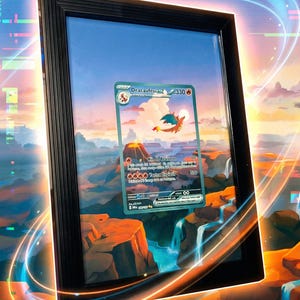 Op de afbeelding: Ingelijste Charizard Mew ruilkaart. De kaart toont een Charizard-illustratie met een vulkaanachtergrond. De lijst is zwart en de achtergrond is een digitaal kunstlandschap met watervallen en een blauwe lucht. De teksten "Dracaufeu Mew" en "Charizard Mew" worden weergegeven.