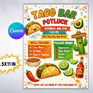 Bearbeitbare Taco Bar zum Ausdrucken, Lehrer Anerkennung Taco Bar Anmeldung, Cinco de Mayo Potluck Fiesta Flyer, PTO PTA Taco Fundraiser Flyer